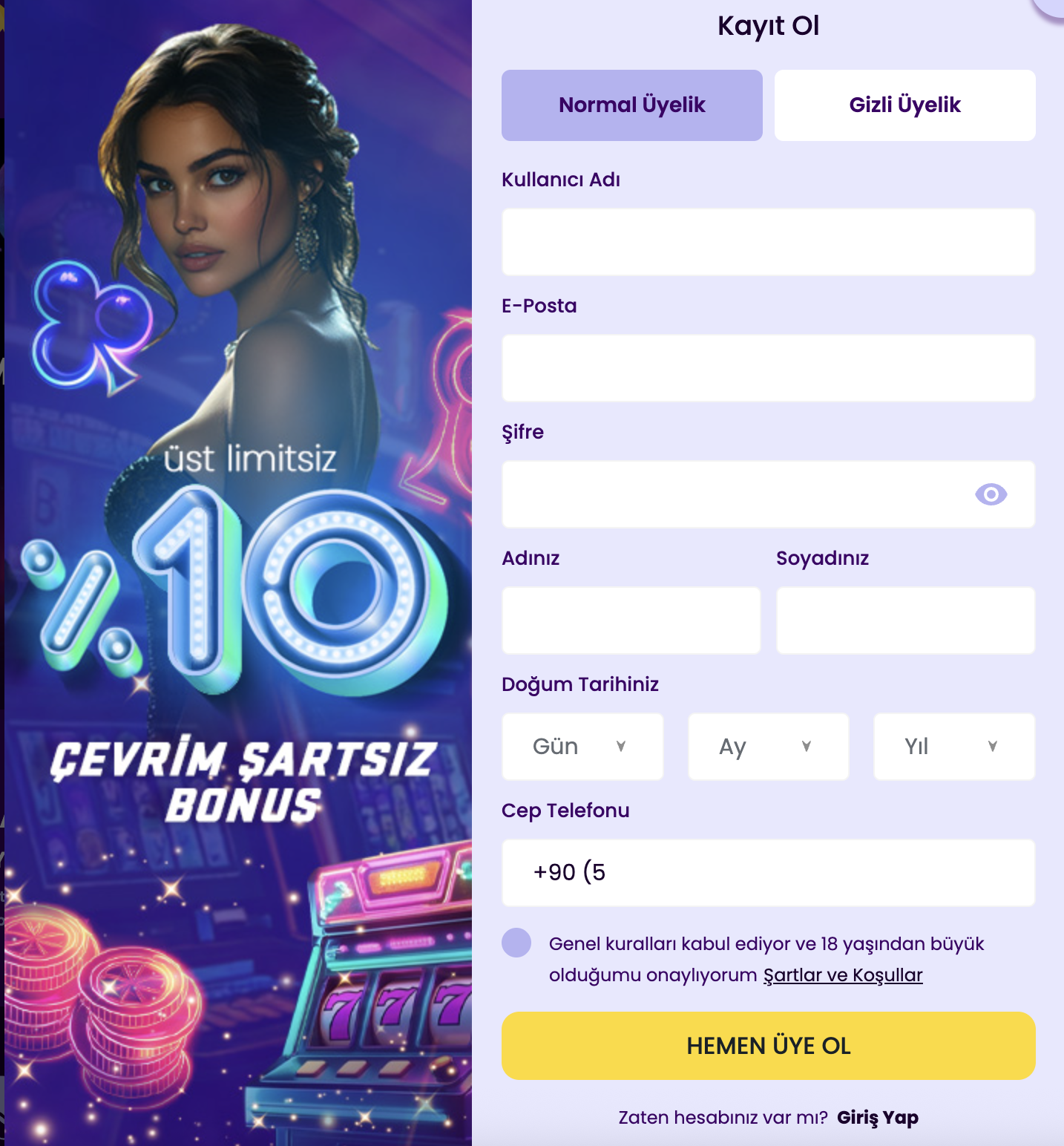 TrBet üyelik formu: Normal ve Gizli üyelik